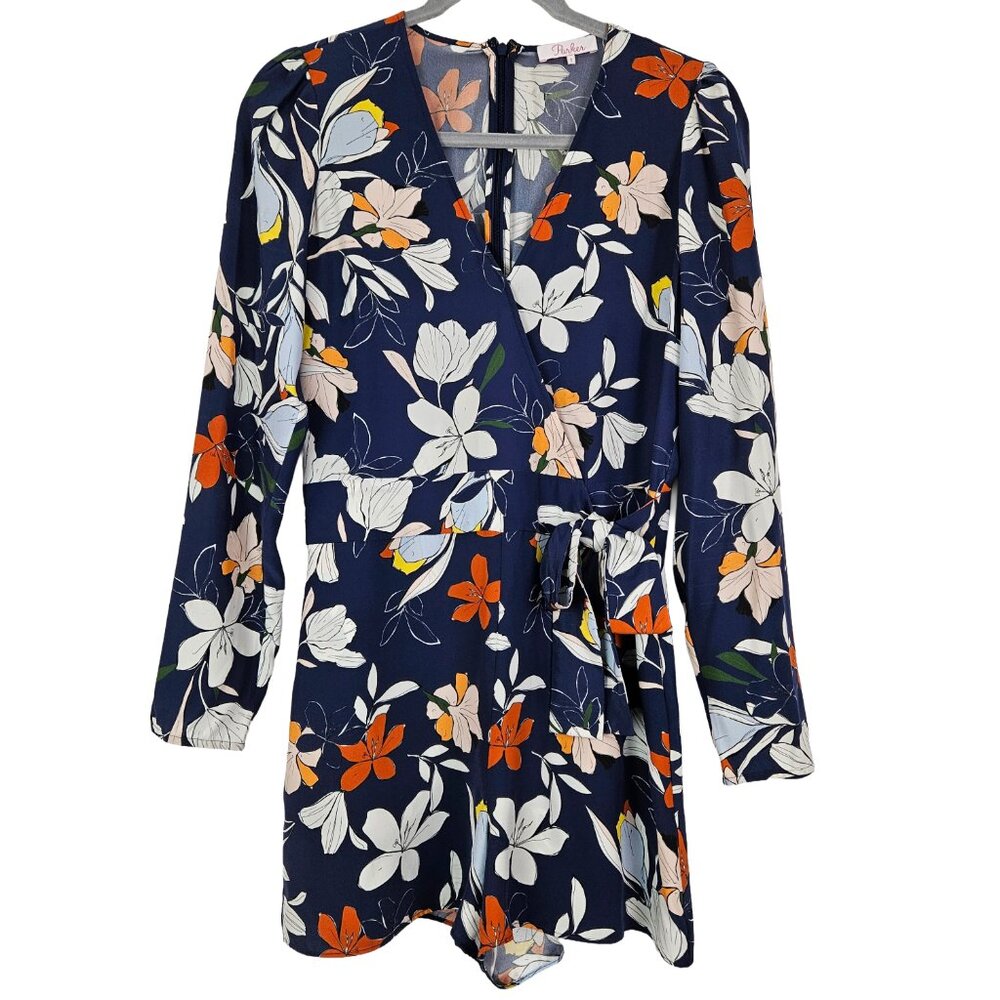 Parker Tita 100% Silk Navy Blue Floral Faux Wrap Romper 4 P8b4527chp *Flaw*